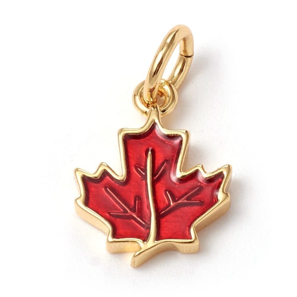 7306 10Pcs Enamel Red Maple Leaf Charms Autumn Theme Brass Fallen Leaves